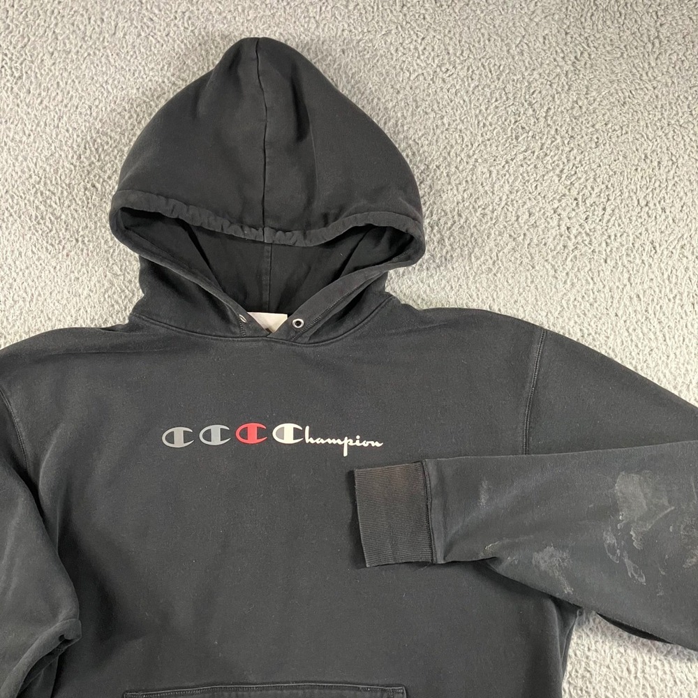 Champion Hoodie Men L Black Classic Fleece Logo Graphic Pullover Thrashed Grunge